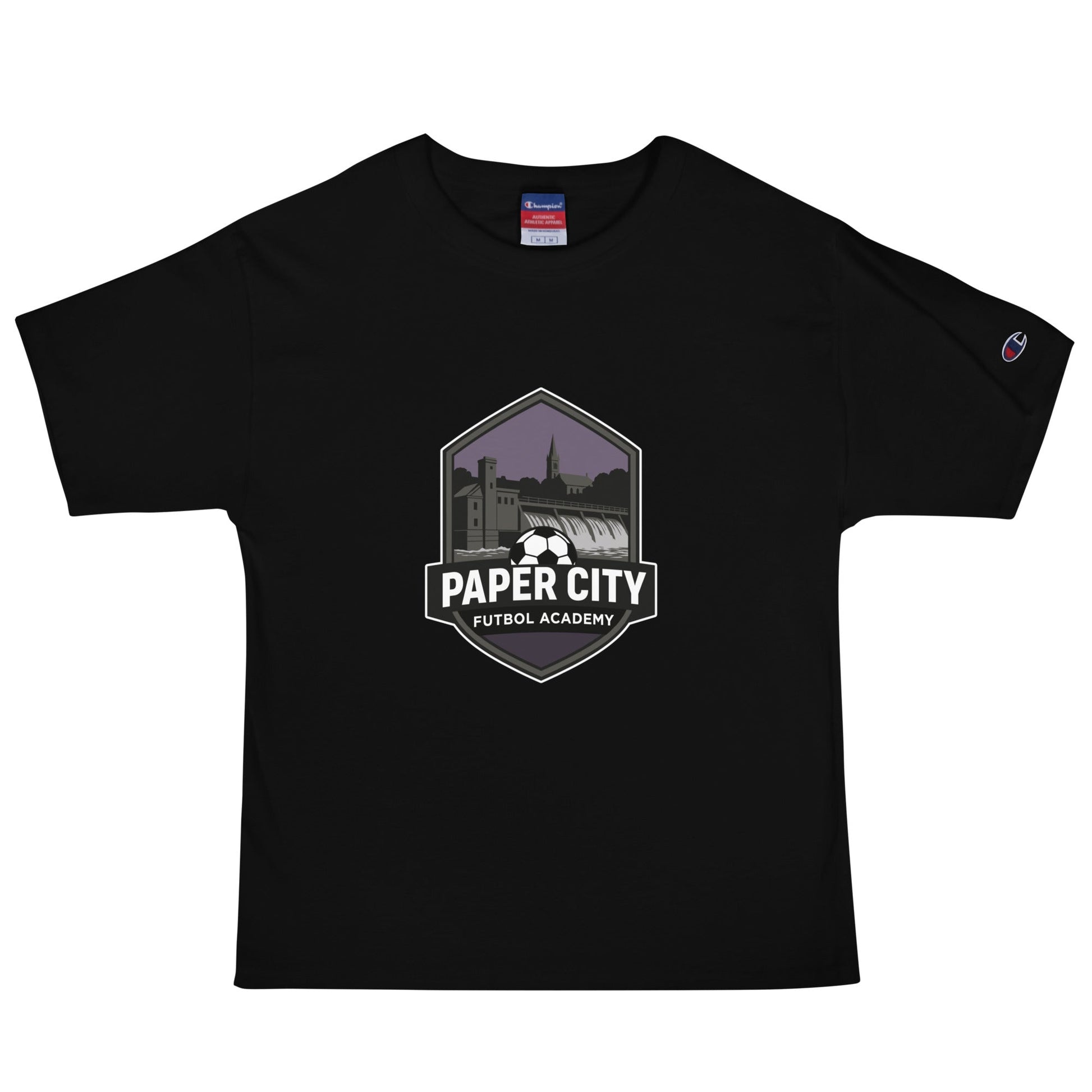 Signature | Champion T-Shirt | Paper City Futbol Academy | Vanguard Shield Logo