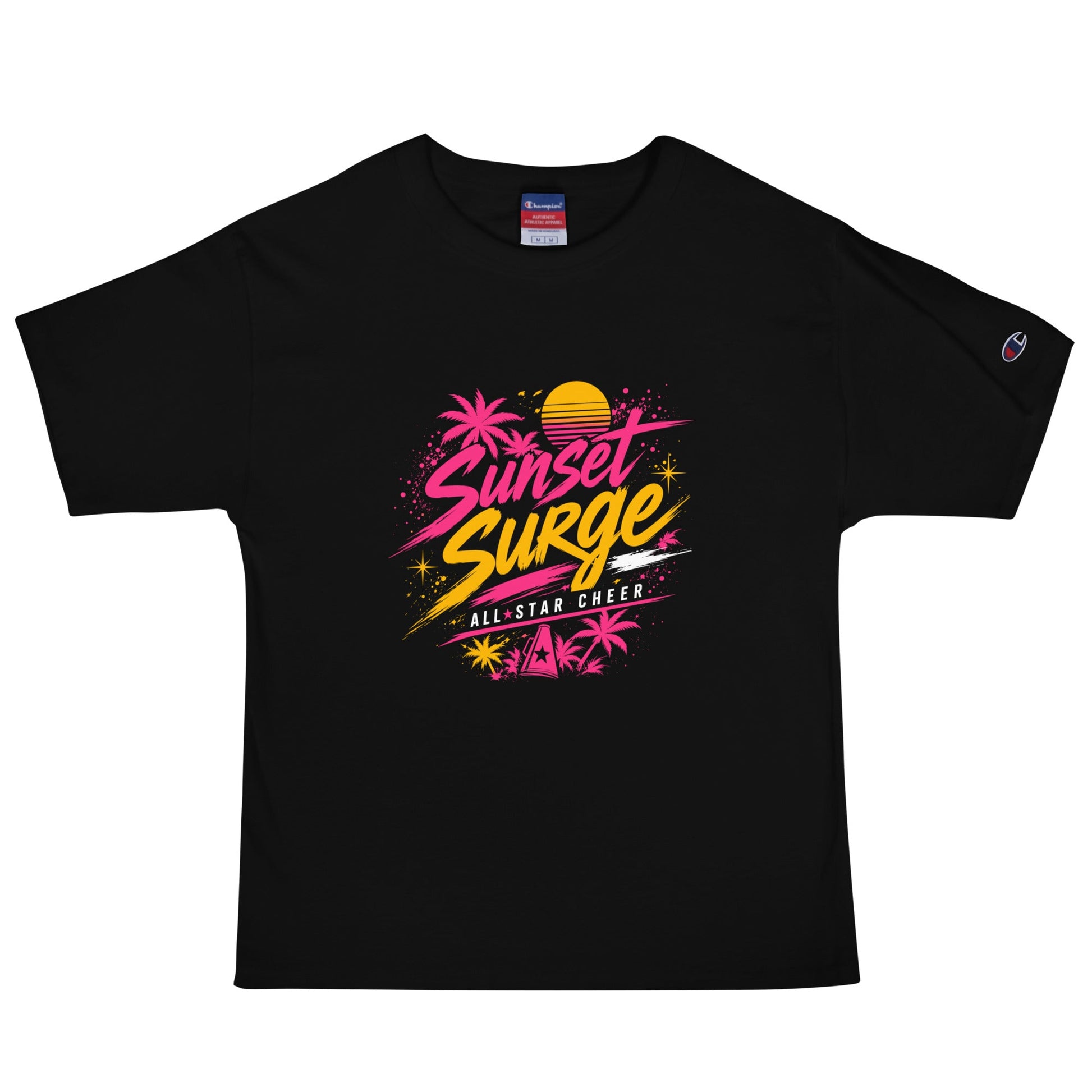 Signature | Champion T-Shirt | Sunset Surge All-Star Cheerleading | Neon Palm Cheer Logo