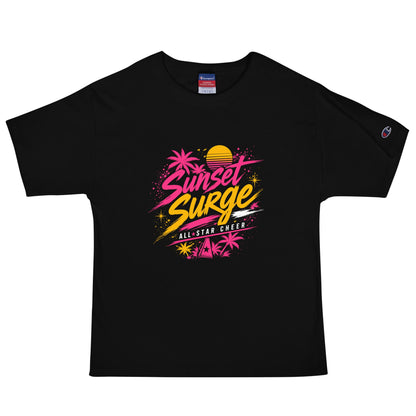 Signature | Champion T-Shirt | Sunset Surge All-Star Cheerleading | Neon Palm Cheer Logo