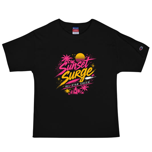 Signature | Champion T-Shirt | Sunset Surge All-Star Cheerleading | Neon Palm Cheer Logo