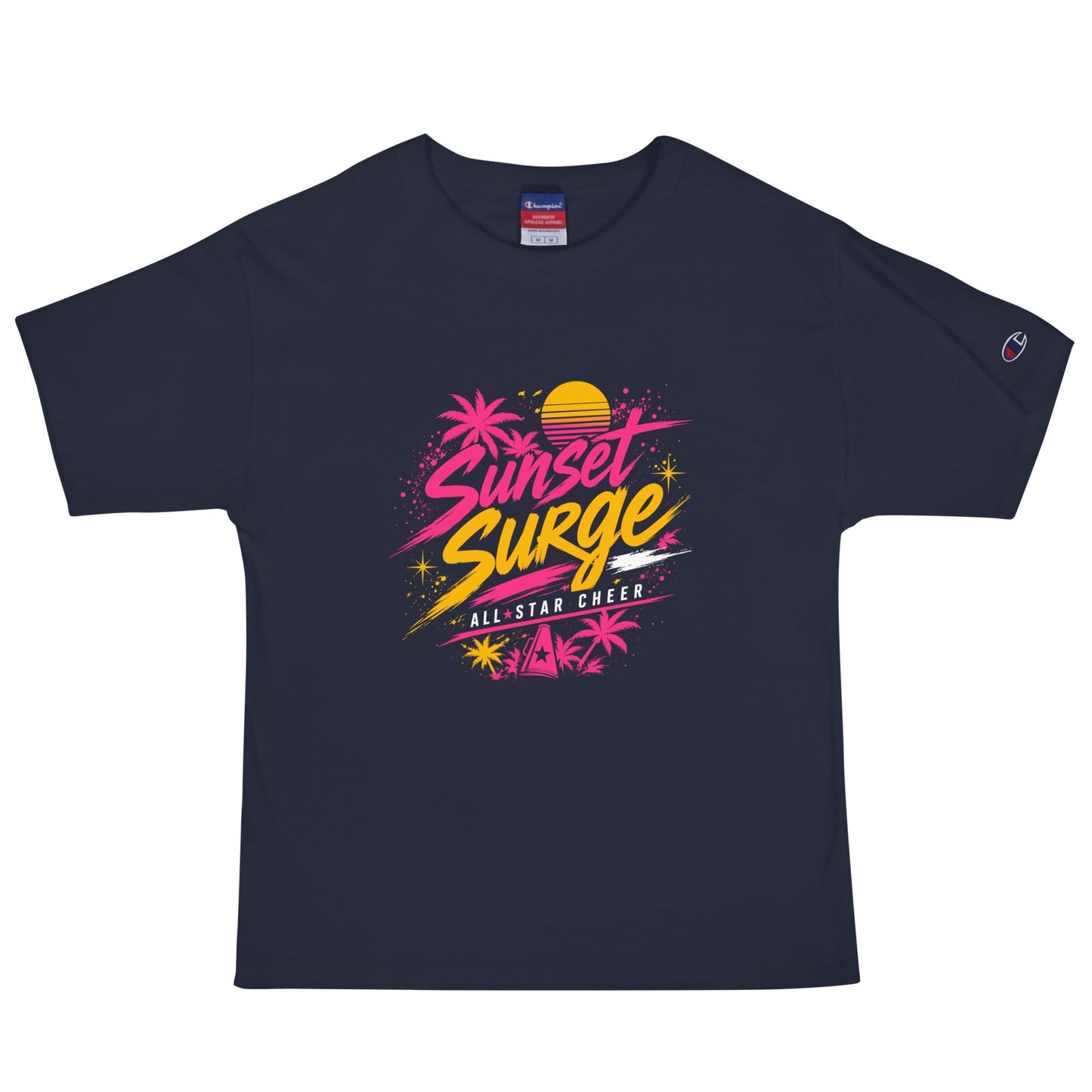 Signature | Champion T-Shirt | Sunset Surge All-Star Cheerleading | Neon Palm Cheer Logo