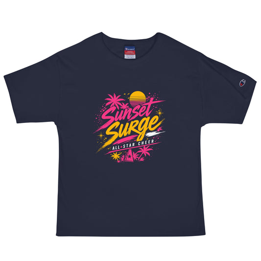 Signature | Champion T-Shirt | Sunset Surge All-Star Cheerleading | Neon Palm Cheer Logo