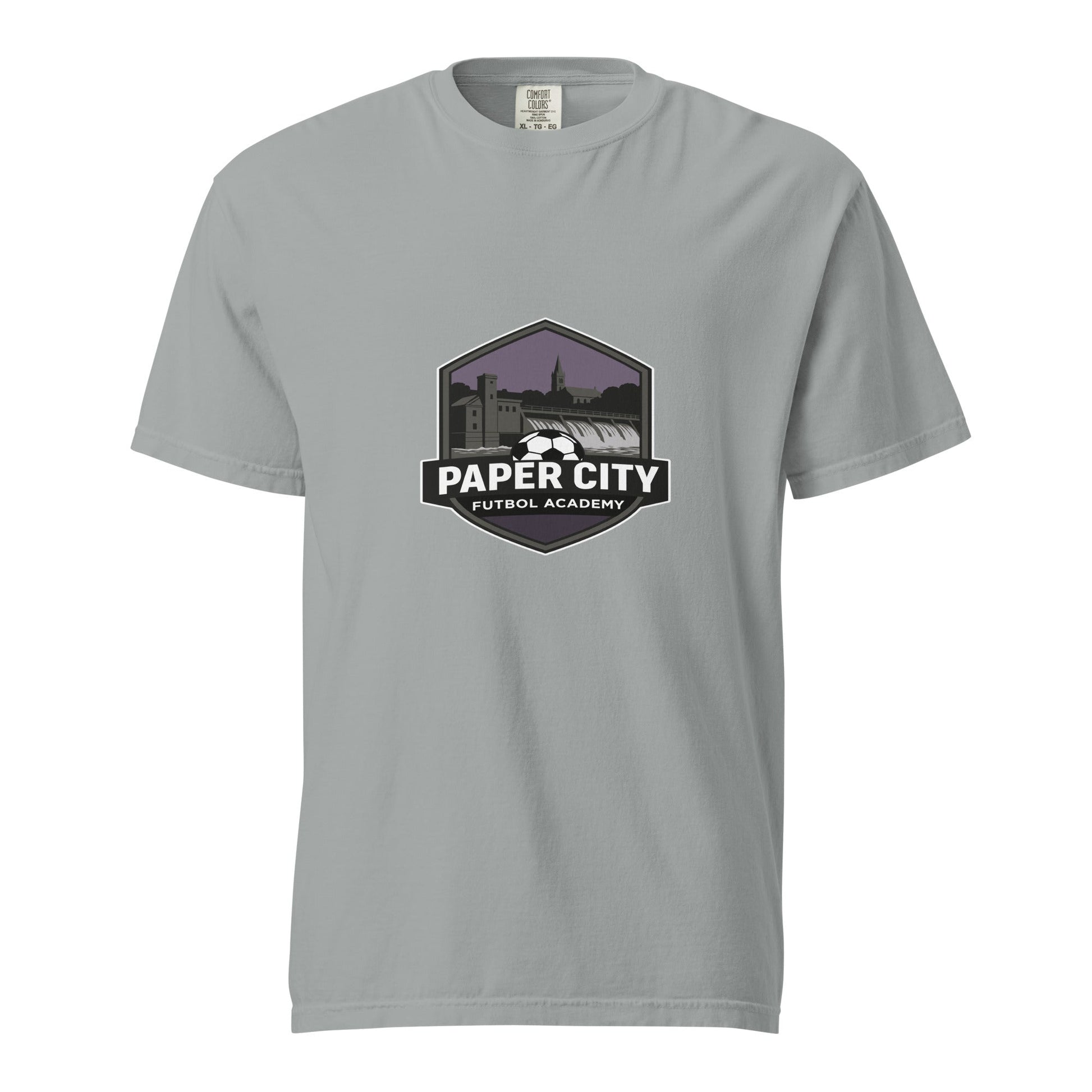 Signature | Comfort Colors T-Shirt | Paper City Futbol Academy | Vanguard Shield Logo