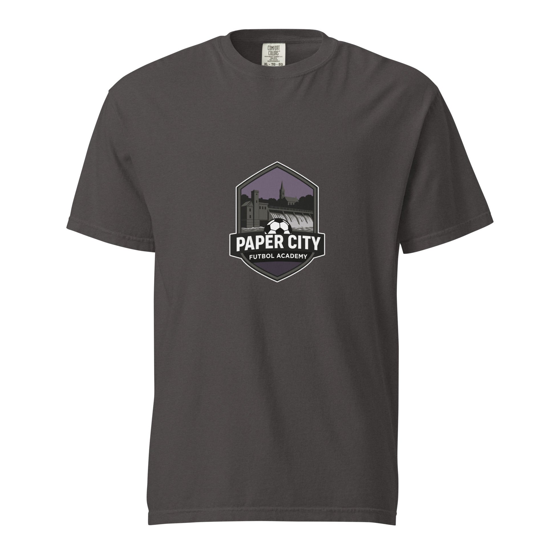 Signature | Comfort Colors T-Shirt | Paper City Futbol Academy | Vanguard Shield Logo