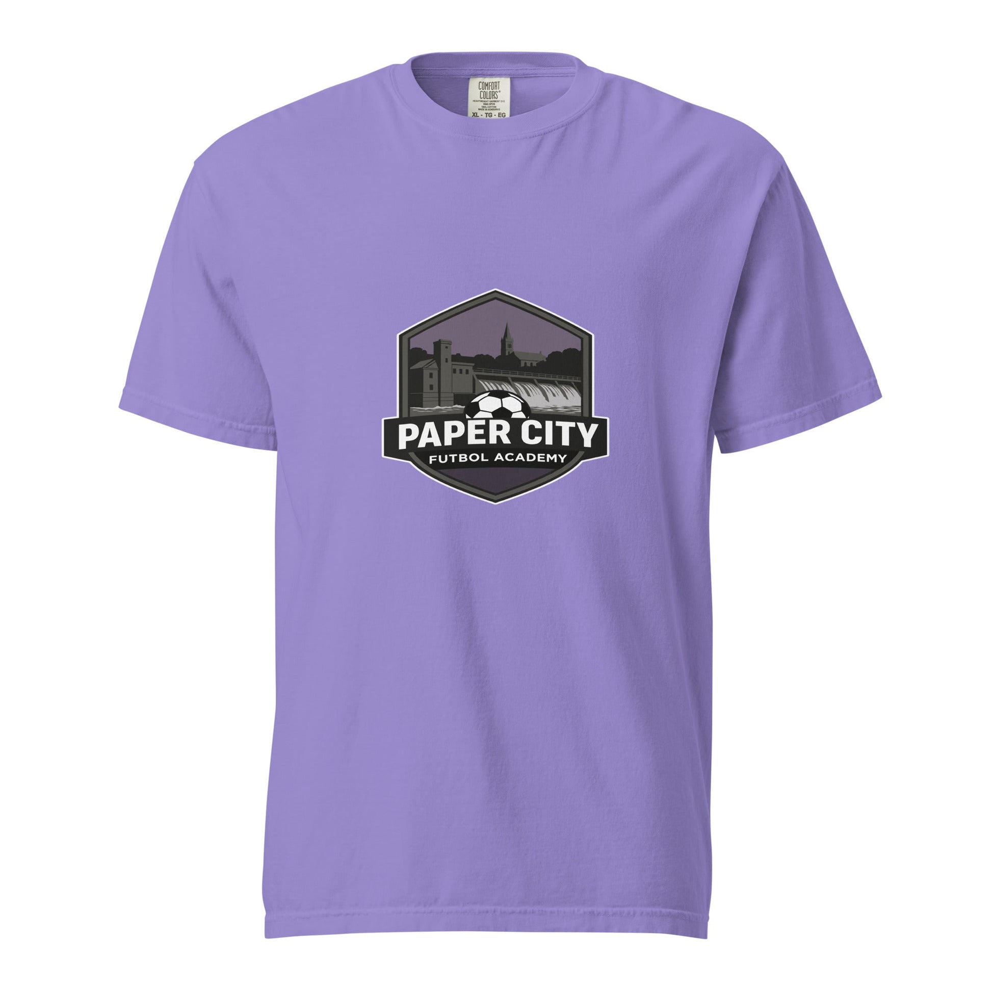Signature | Comfort Colors T-Shirt | Paper City Futbol Academy | Vanguard Shield Logo