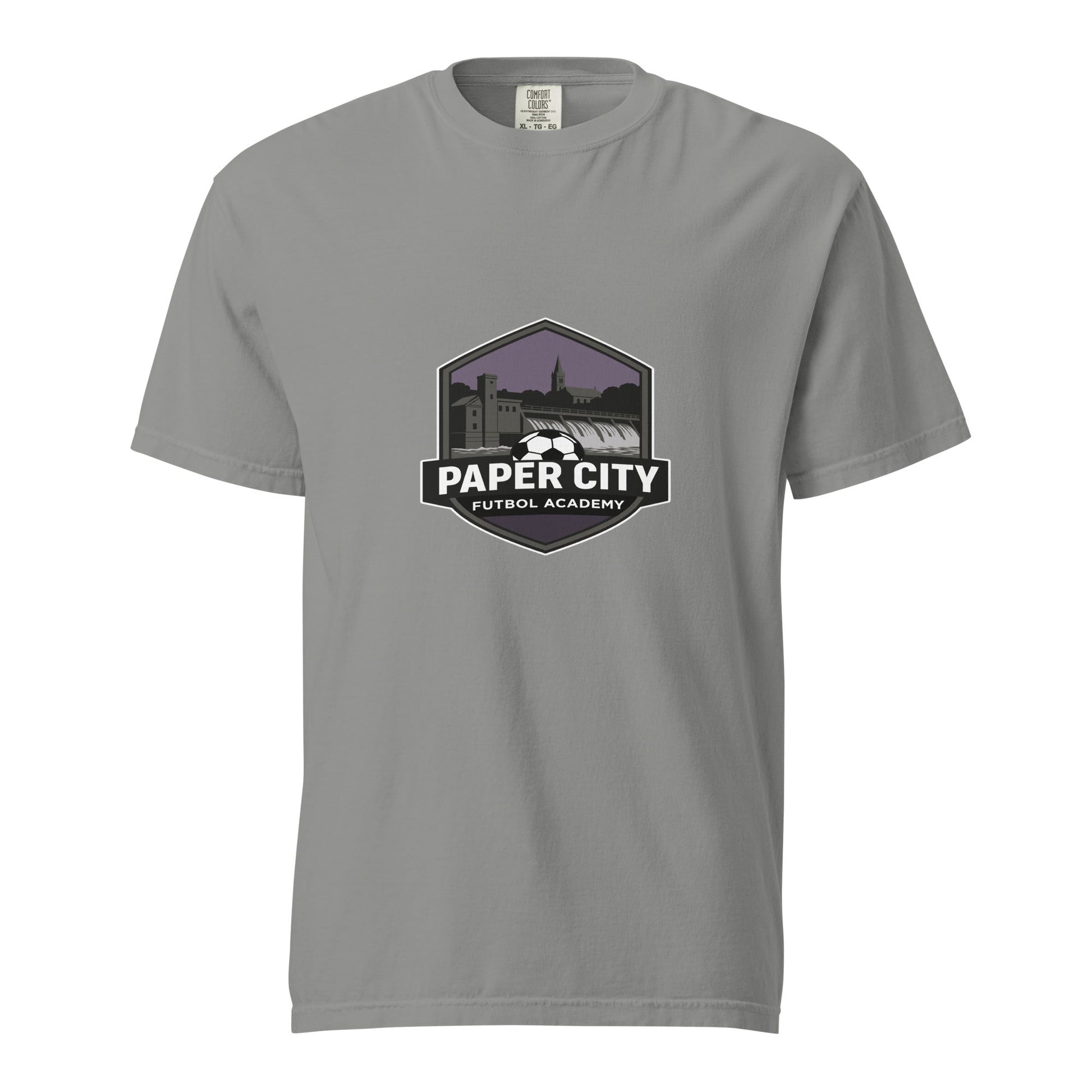 Signature | Comfort Colors T-Shirt | Paper City Futbol Academy | Vanguard Shield Logo