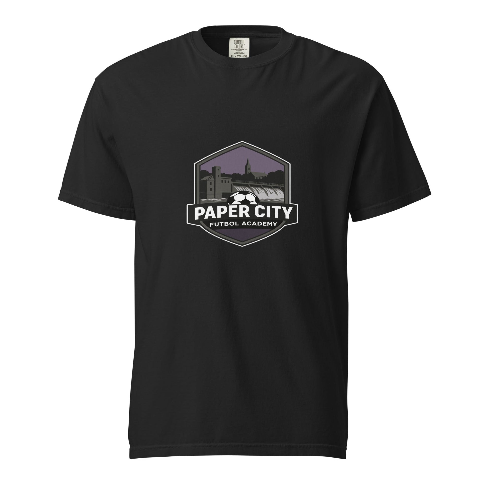 Signature | Comfort Colors T-Shirt | Paper City Futbol Academy | Vanguard Shield Logo