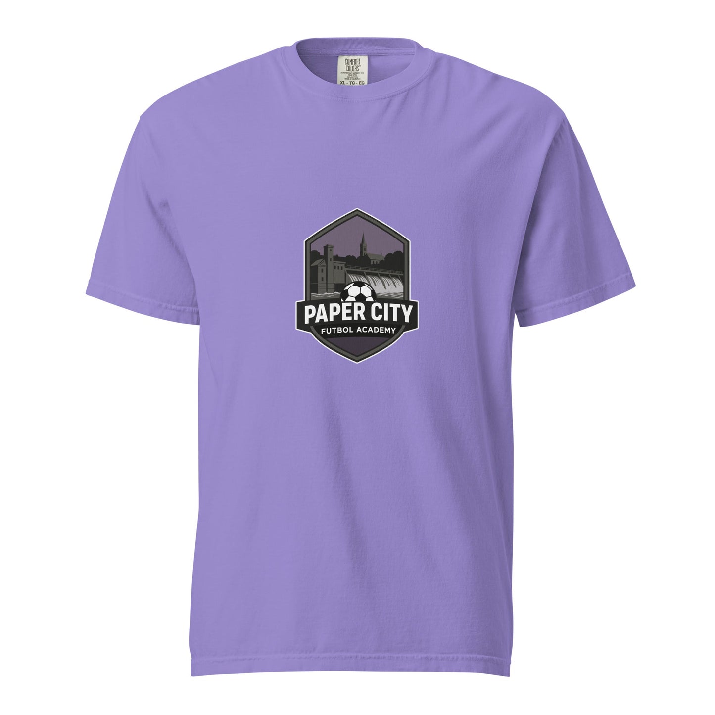 Signature | Comfort Colors T-Shirt | Paper City Futbol Academy | Vanguard Shield Logo