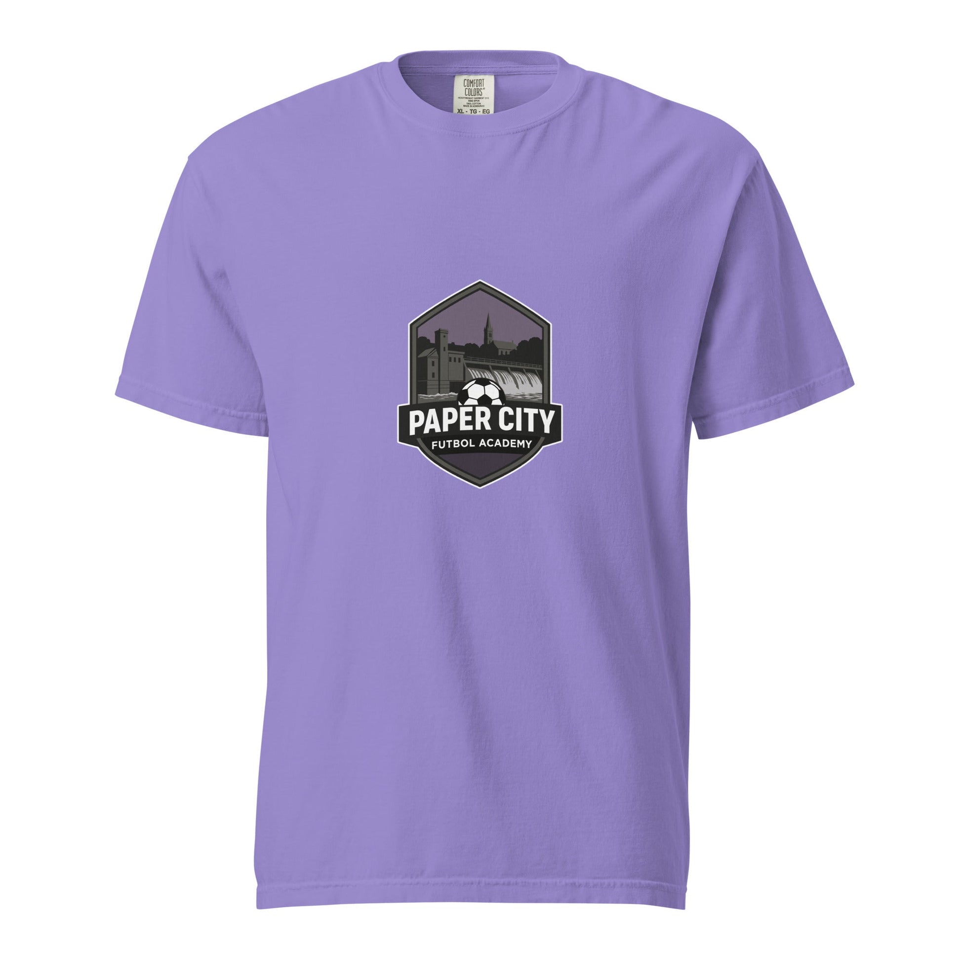 Signature | Comfort Colors T-Shirt | Paper City Futbol Academy | Vanguard Shield Logo