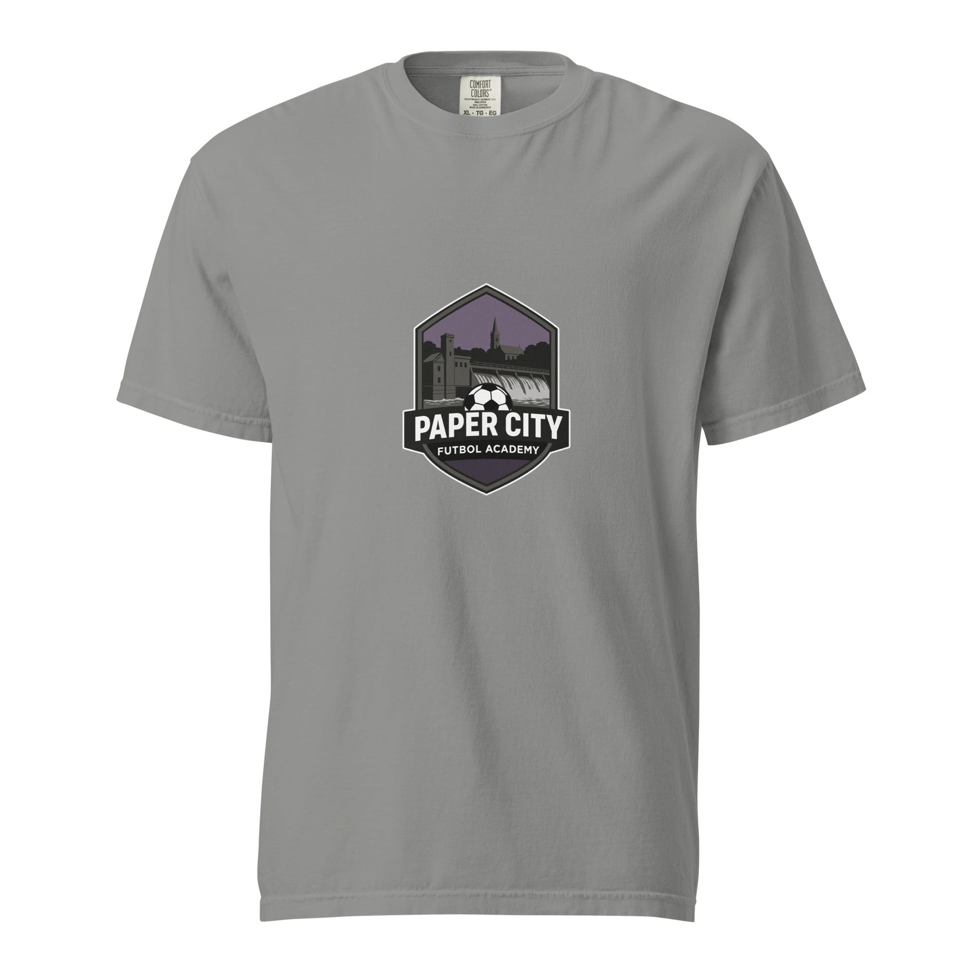 Signature | Comfort Colors T-Shirt | Paper City Futbol Academy | Vanguard Shield Logo