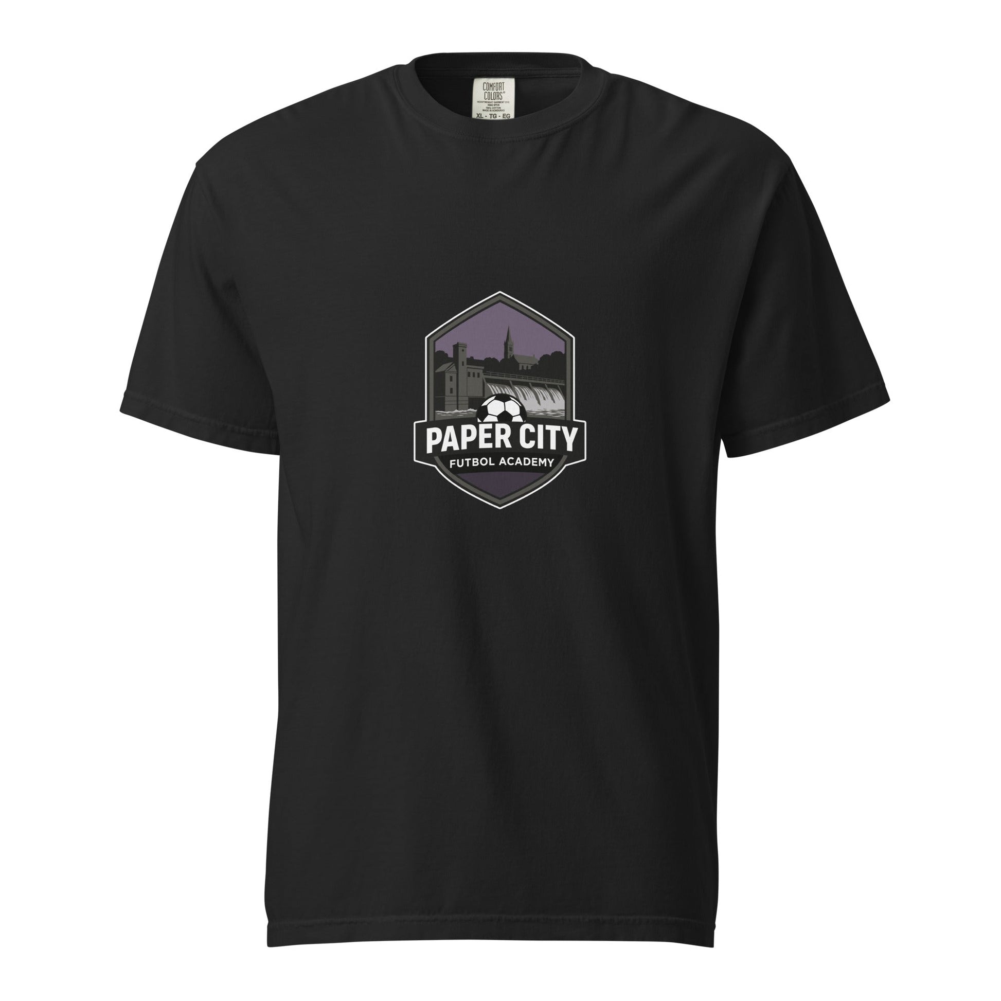 Signature | Comfort Colors T-Shirt | Paper City Futbol Academy | Vanguard Shield Logo