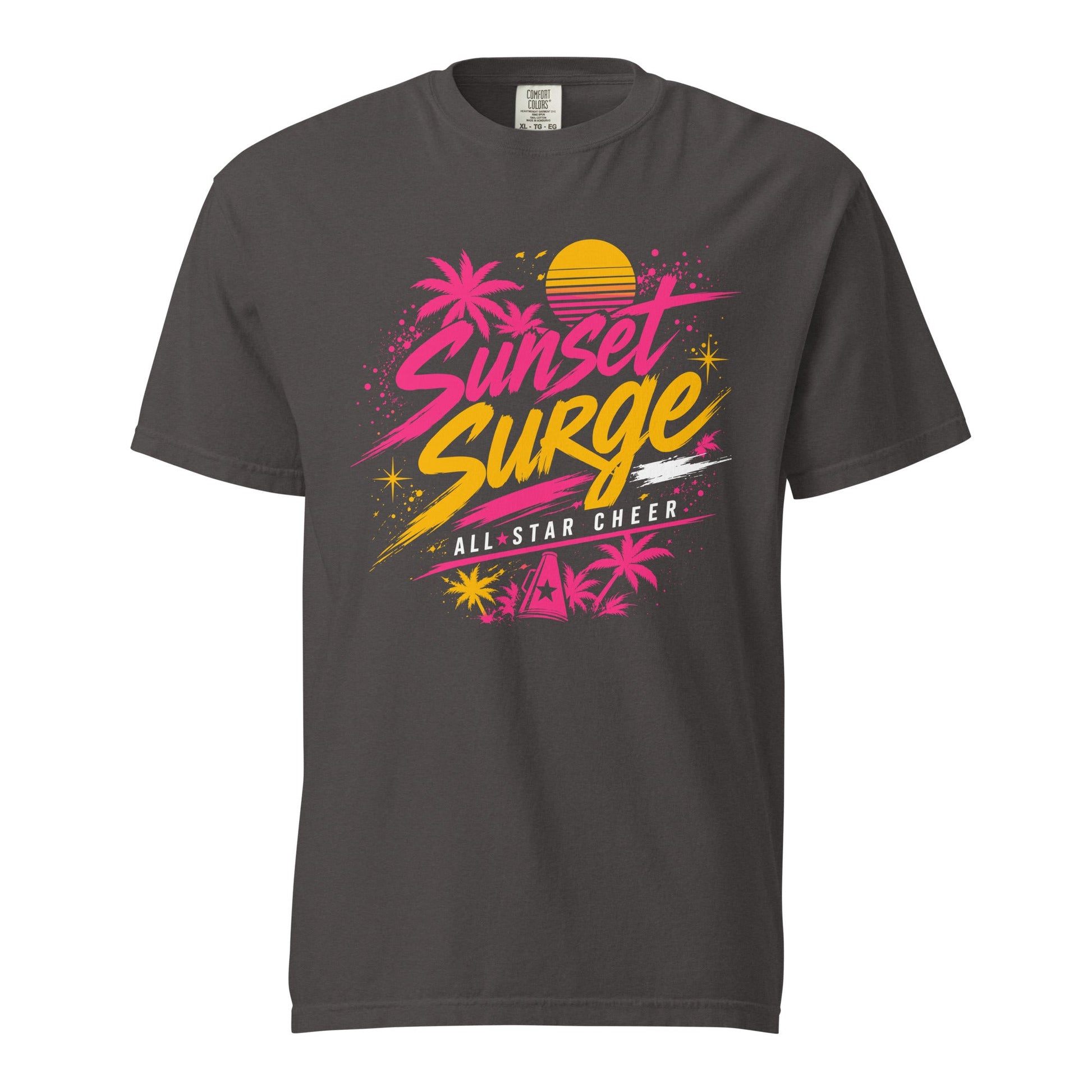 Signature | Comfort Colors T-Shirt | Sunset Surge All-Star Cheerleading | Neon Palm Cheer Logo