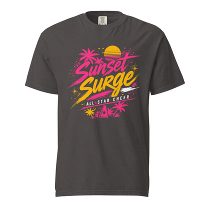 Signature | Comfort Colors T-Shirt | Sunset Surge All-Star Cheerleading | Neon Palm Cheer Logo