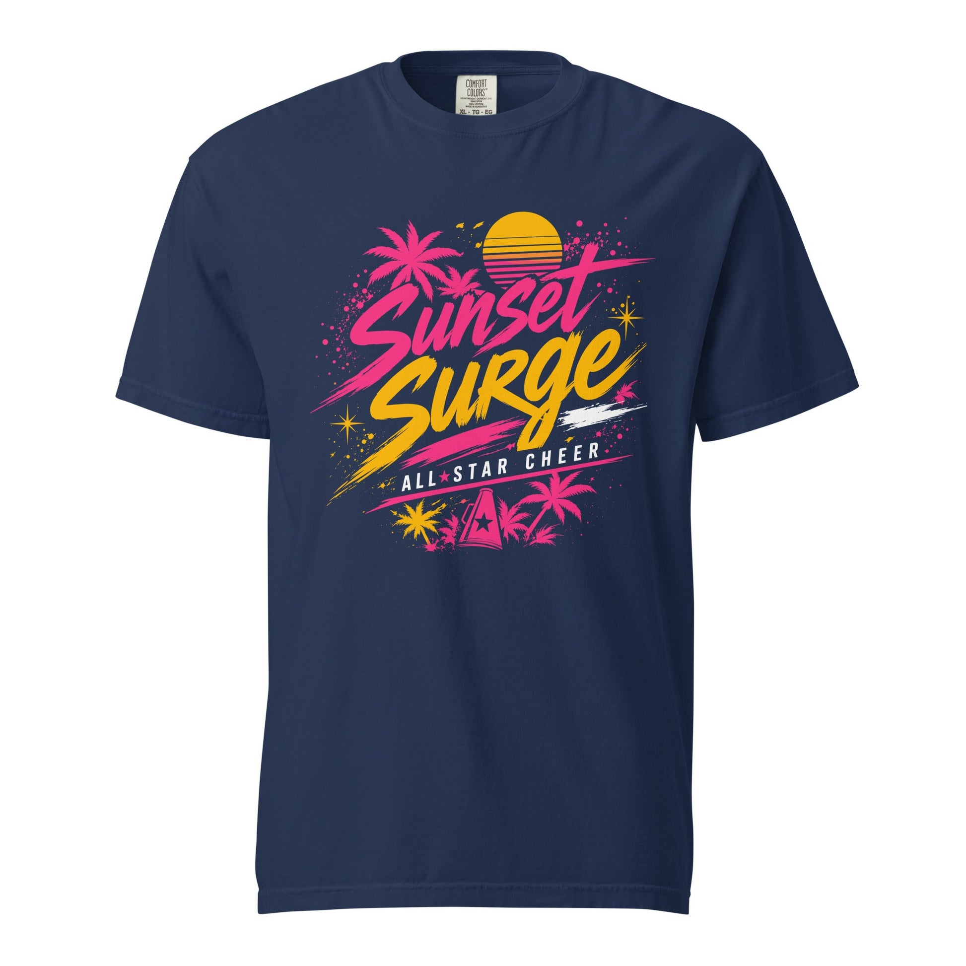 Signature | Comfort Colors T-Shirt | Sunset Surge All-Star Cheerleading | Neon Palm Cheer Logo