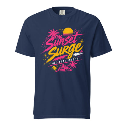 Signature | Comfort Colors T-Shirt | Sunset Surge All-Star Cheerleading | Neon Palm Cheer Logo