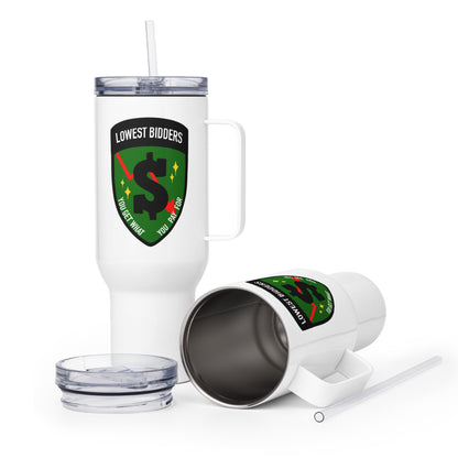 Travel Mug | The Lowest Bidders | Emblem Logo