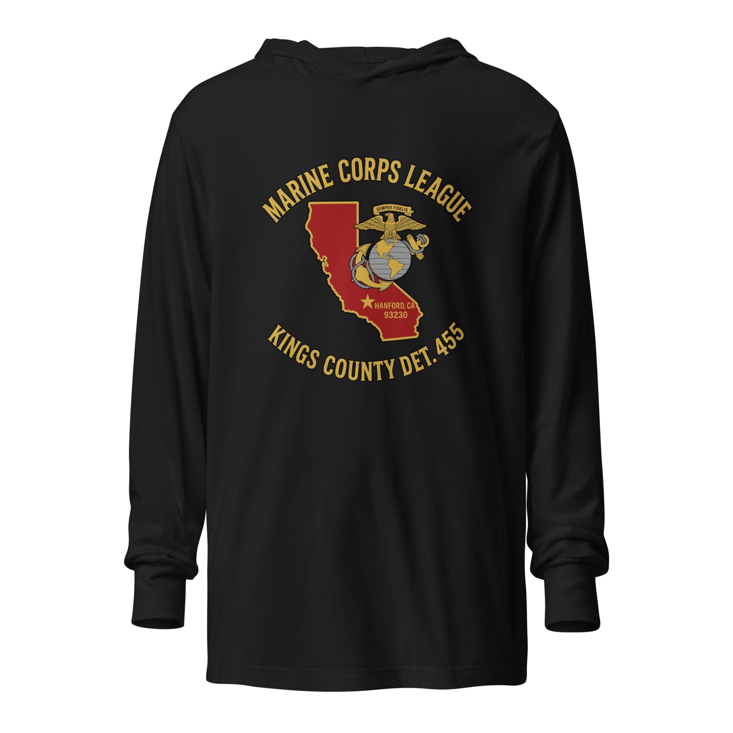 Performance | Hooded Long Sleeve T Shirt | Marine Corps League kings County Det 455 | Crest Logo