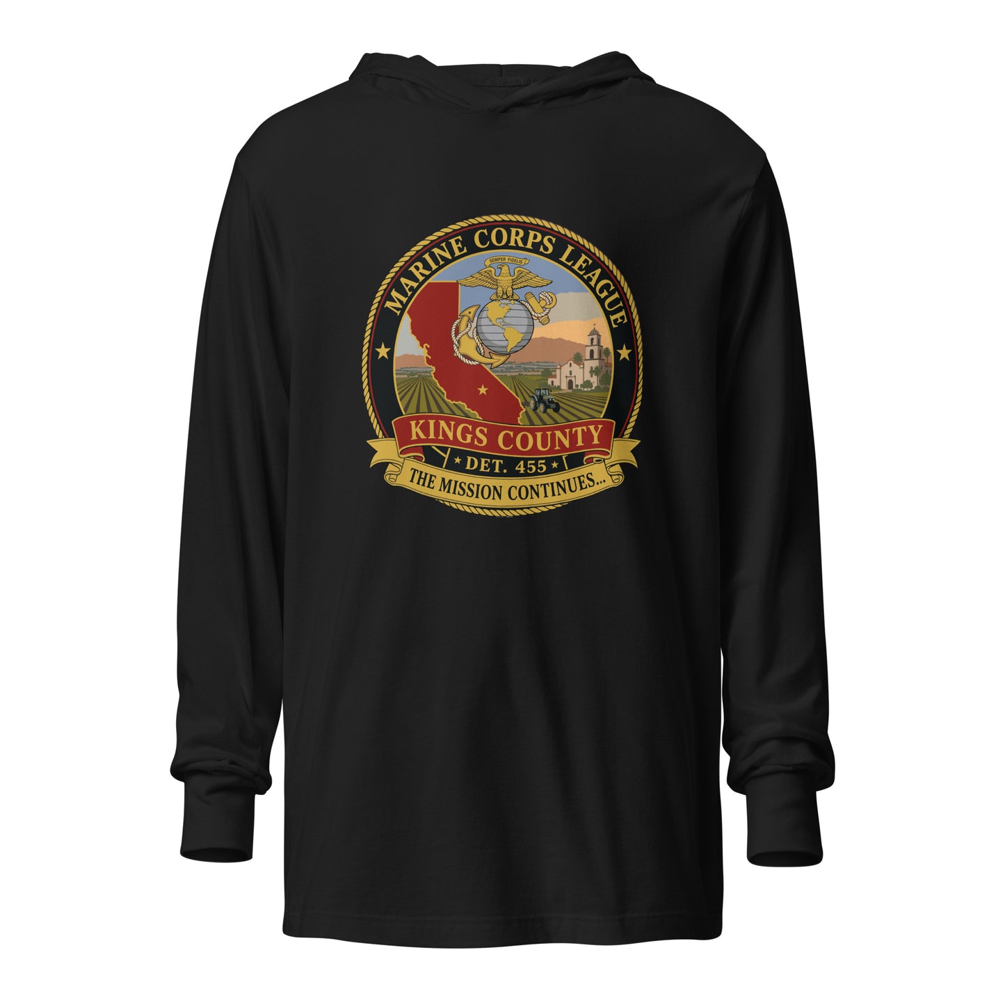 Performance | Hooded Long Sleeve T Shirt | Marine Corps League kings County Det 455 | Shield Logo