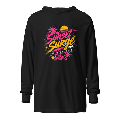 Performance | Hooded Long Sleeve T Shirt | Sunset Surge All-Star Cheerleading | Neon Palm Cheer Logo