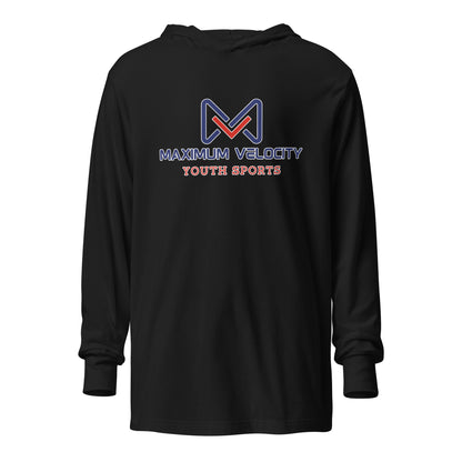 Performance | Hooded Long Sleeve T Shirt | Maximum Velocity Youth Sports | Emblem Logo