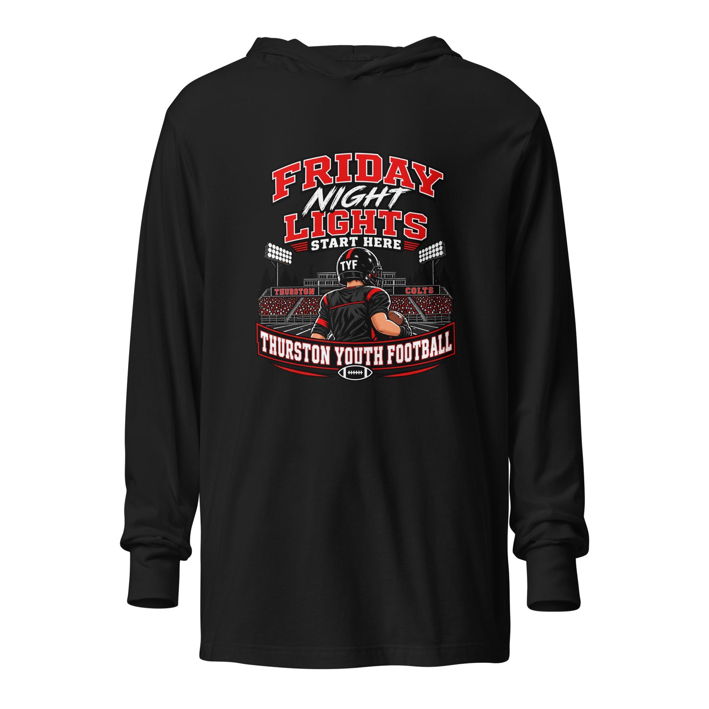 Performance | Hooded Long Sleeve T Shirt | Thurston Youth Football | Vanguard Logo