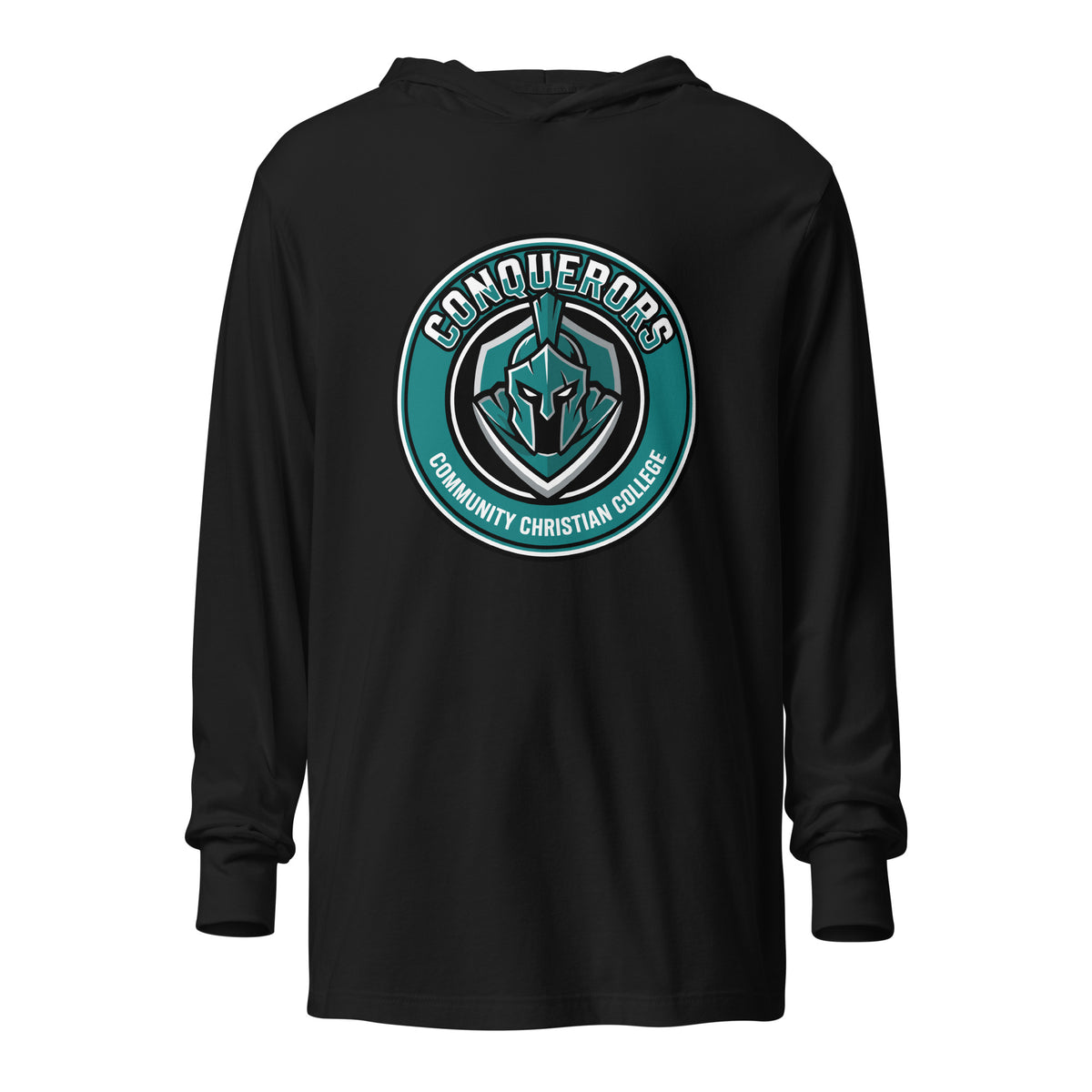 Performance | Hooded Long Sleeve T Shirt | Community Christian College | Badge Logo