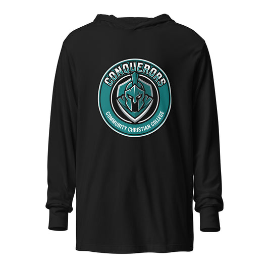 Performance | Hooded Long Sleeve T Shirt | Community Christian College | Badge Logo