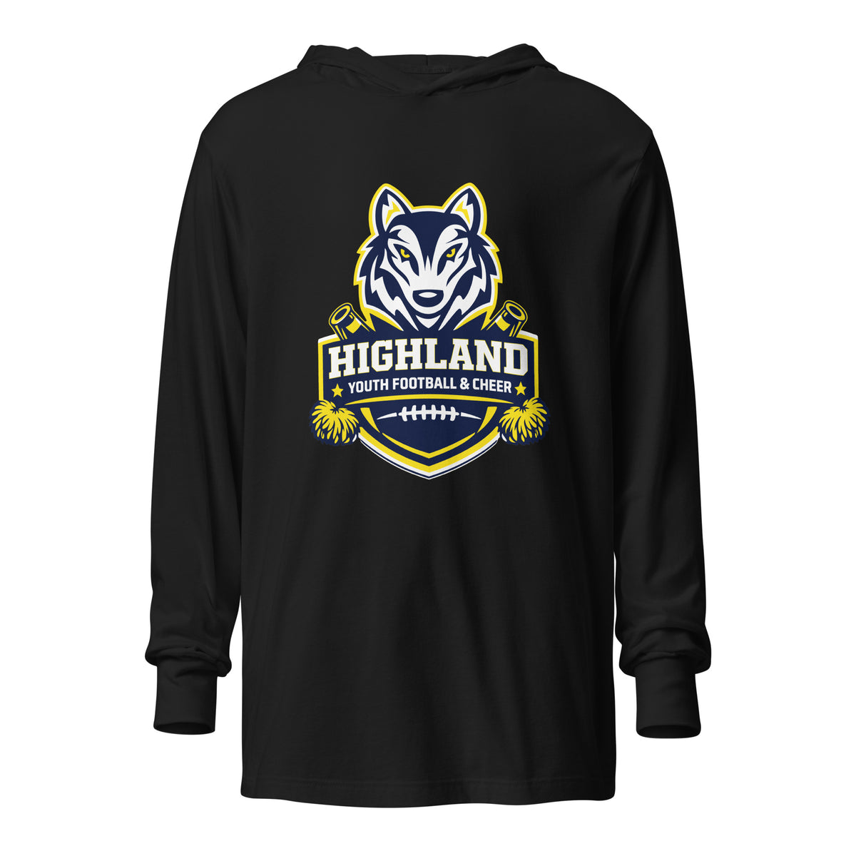 Performance | Hooded Long Sleeve T Shirt | Highland youth football and cheer | Emblem Logo