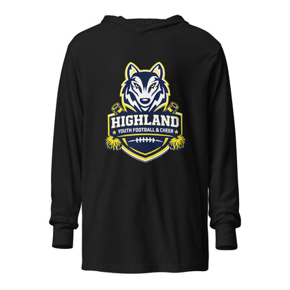 Performance | Hooded Long Sleeve T Shirt | Highland youth football and cheer | Emblem Logo
