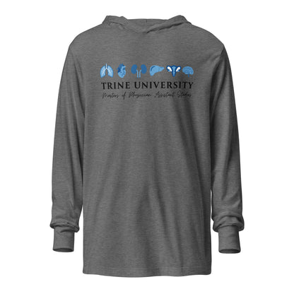 Performance | Hooded Long Sleeve T Shirt | Trine PA program | Modern Script Logo
