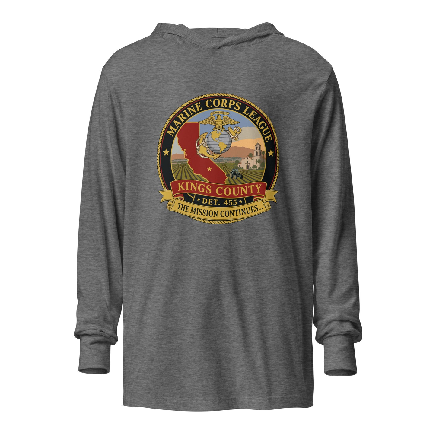 Performance | Hooded Long Sleeve T Shirt | Marine Corps League kings County Det 455 | Shield Logo