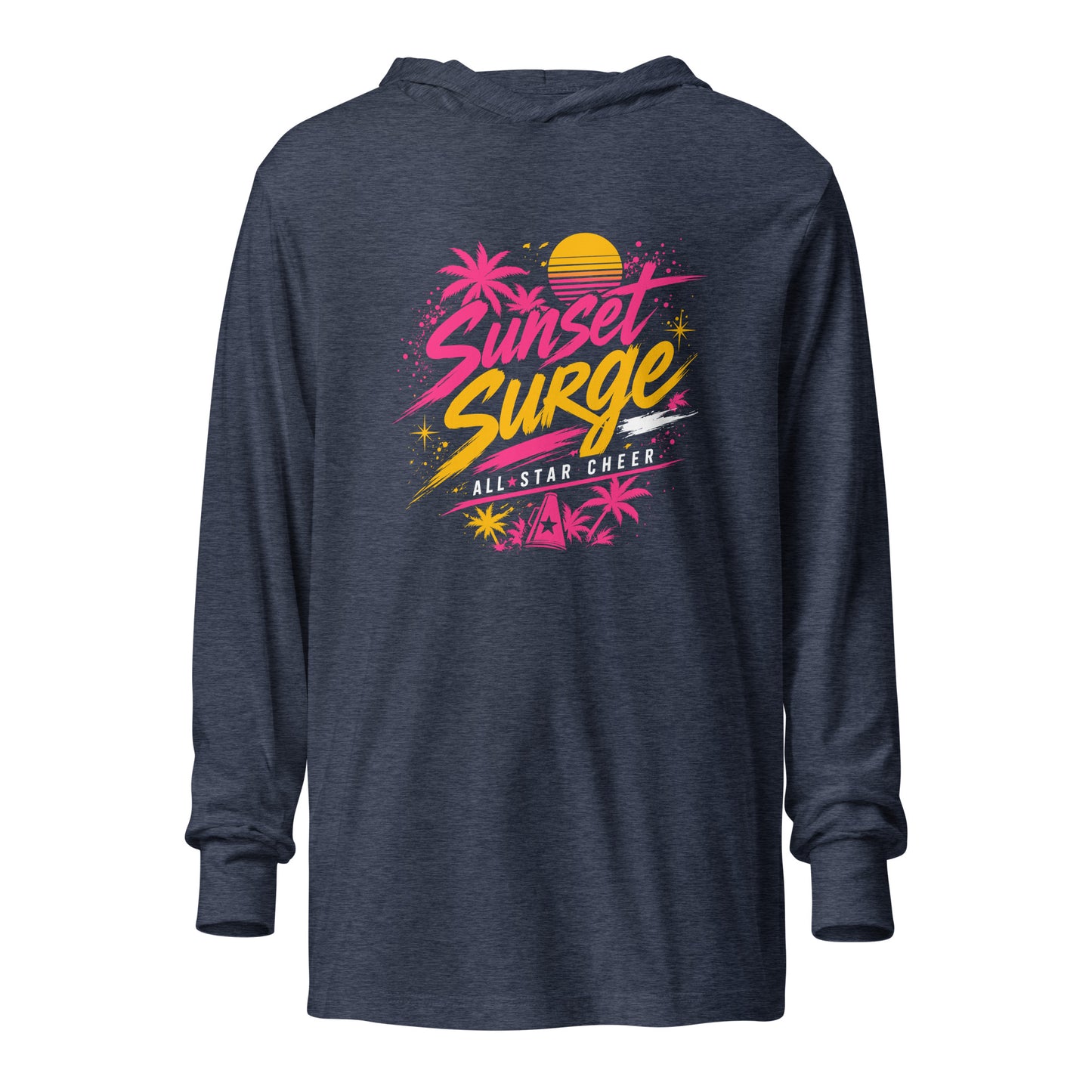 Performance | Hooded Long Sleeve T Shirt | Sunset Surge All-Star Cheerleading | Neon Palm Cheer Logo