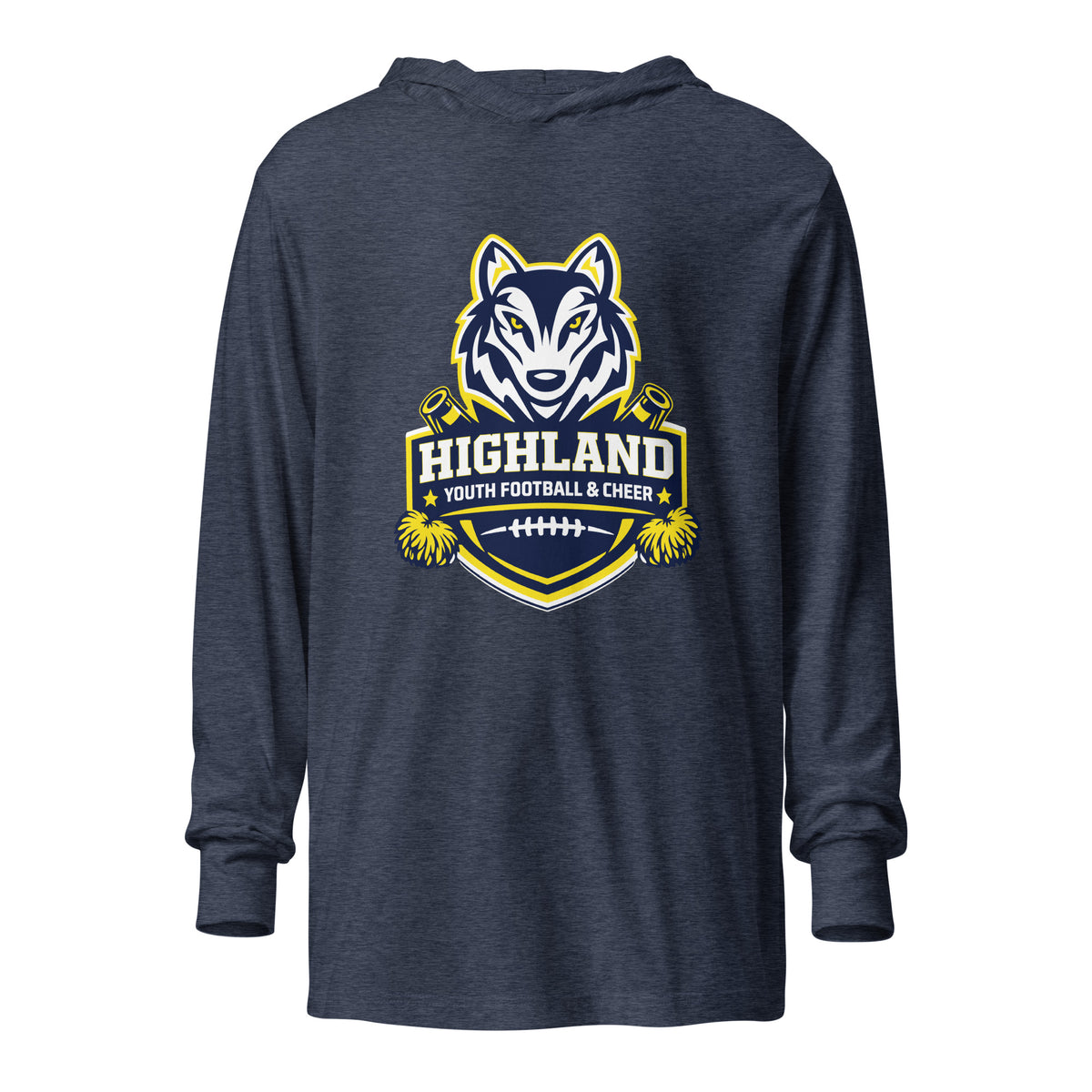 Performance | Hooded Long Sleeve T Shirt | Highland youth football and cheer | Emblem Logo