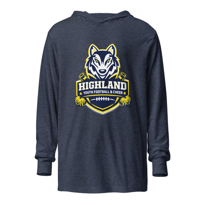 Performance | Hooded Long Sleeve T Shirt | Highland youth football and cheer | Emblem Logo