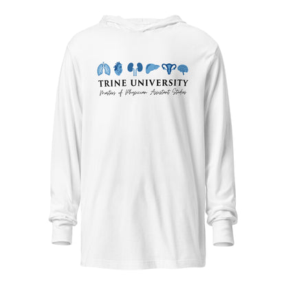 Performance | Hooded Long Sleeve T Shirt | Trine PA program | Modern Script Logo