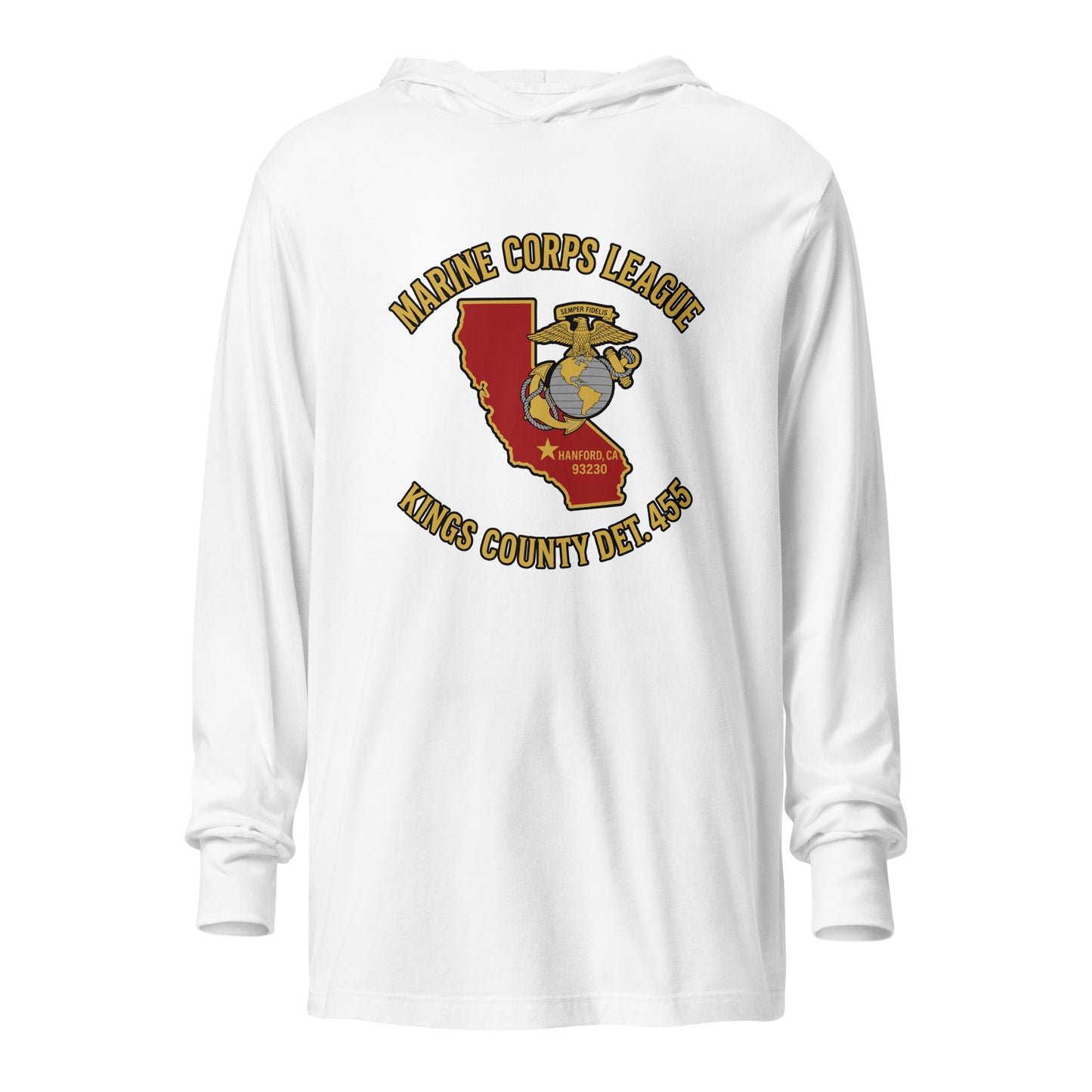 Performance | Hooded Long Sleeve T Shirt | Marine Corps League kings County Det 455 | Crest Logo
