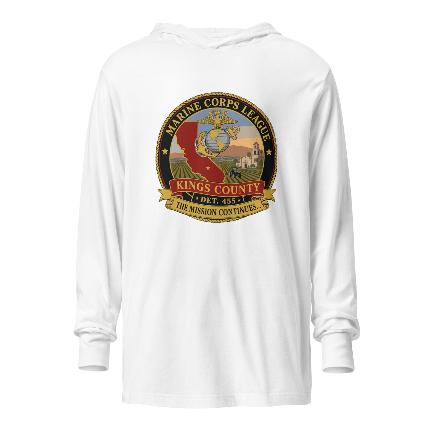 Performance | Hooded Long Sleeve T Shirt | Marine Corps League kings County Det 455 | Shield Logo