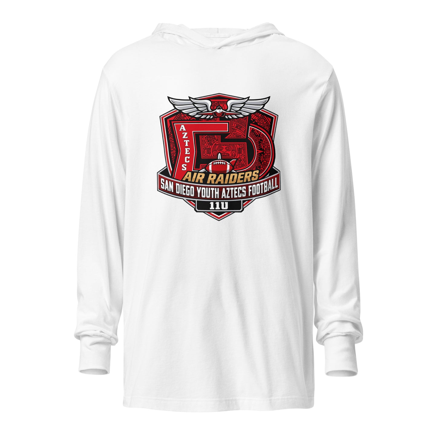 Performance | Hooded Long Sleeve T Shirt | San Diego Youth Aztecs Football 11u Air Raiders | Shield Logo