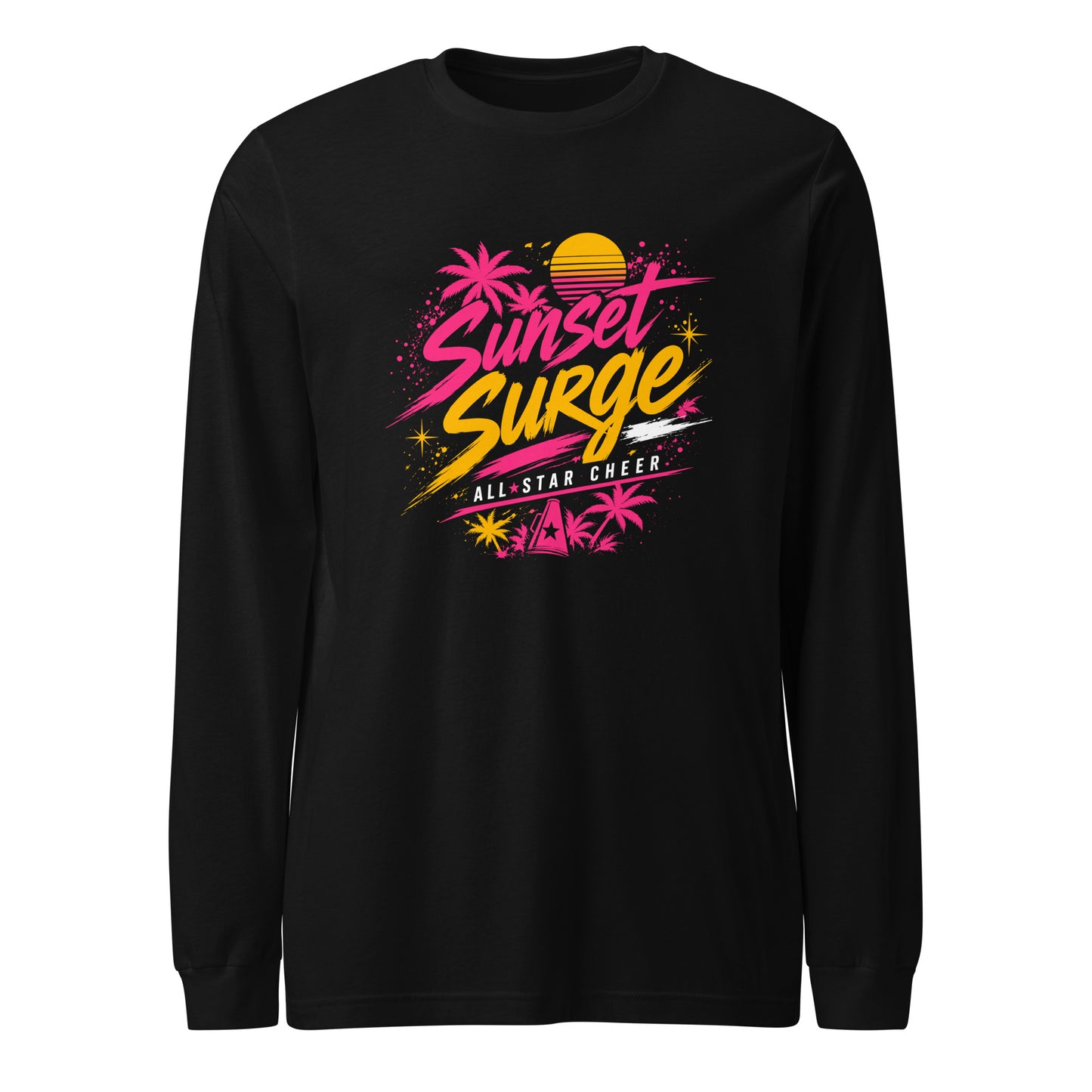 Performance | Long Sleeve Tee | Sunset Surge All-Star Cheerleading | Neon Palm Cheer Logo