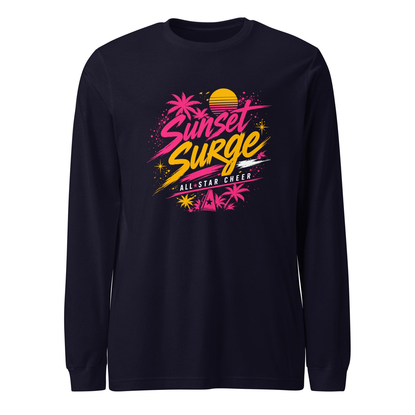 Performance | Long Sleeve Tee | Sunset Surge All-Star Cheerleading | Neon Palm Cheer Logo