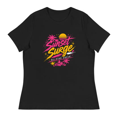 Performance | Women's Relaxed T Shirt | Sunset Surge All-Star Cheerleading | Neon Palm Cheer Logo