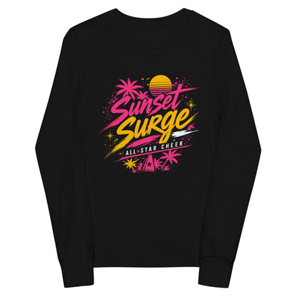 Performance | Youth Long Sleeve T-Shirt | Sunset Surge All-Star Cheerleading | Neon Palm Cheer Logo